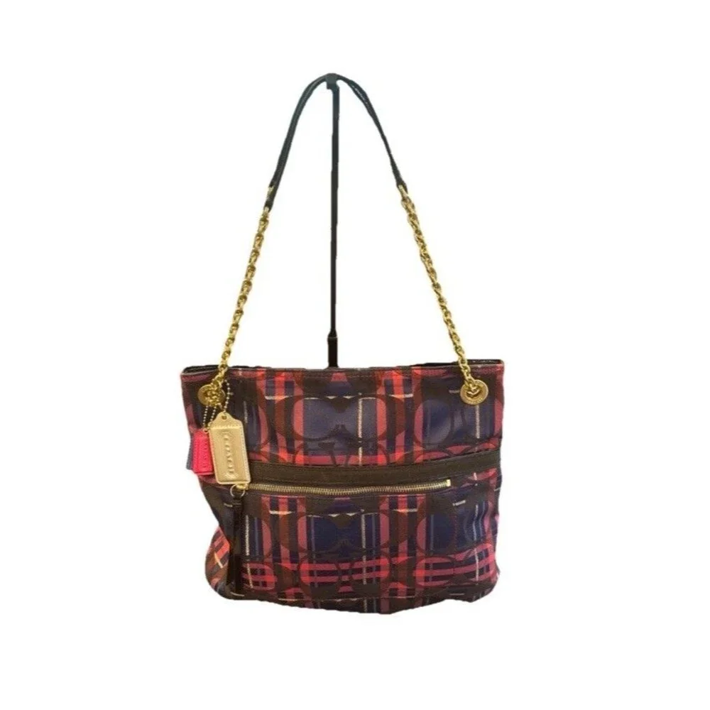 Coach Poppy Tartan Handbag with 3 Hang Tags Chain Handles Jewel Tone F15228 EUC